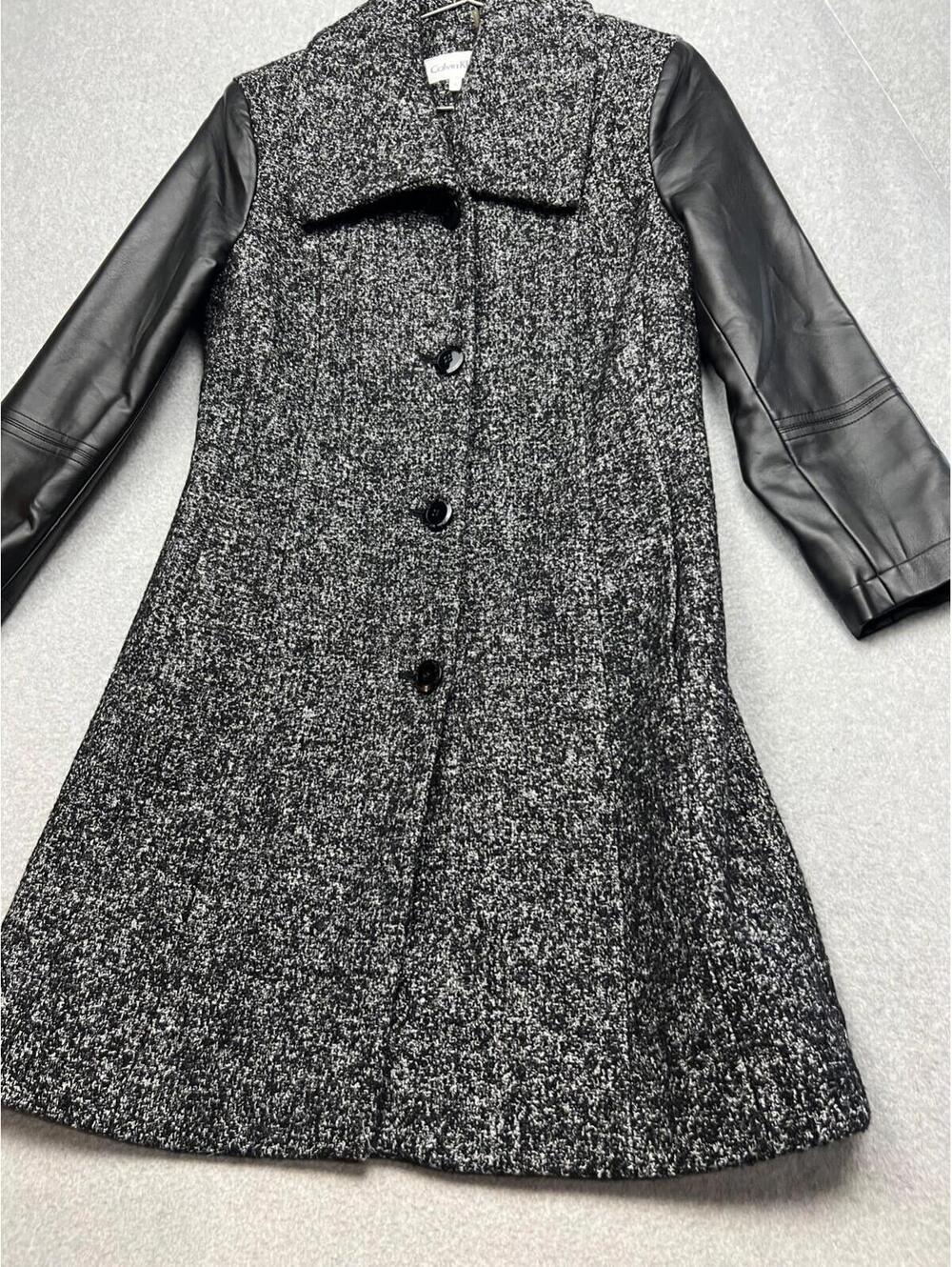 Calvin Klein Womens Wool Tweed Long Coat Size 2 Faux Leather Sleeve Chic Modern
